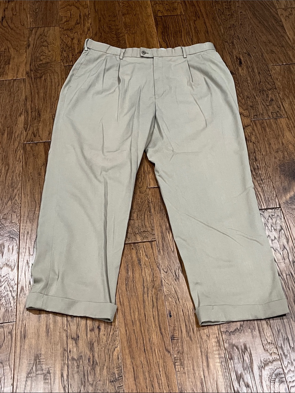Louis Raphael Light Khaki Pleated Chinos with Cuffed Hem